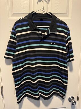 Oakley Black Polo with Blue, Teal & White Stripes